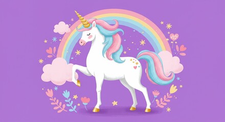 Adorable unicorn illustration with a rainbow backdrop, flowers, and stars on a purple background, perfect for whimsical designs.