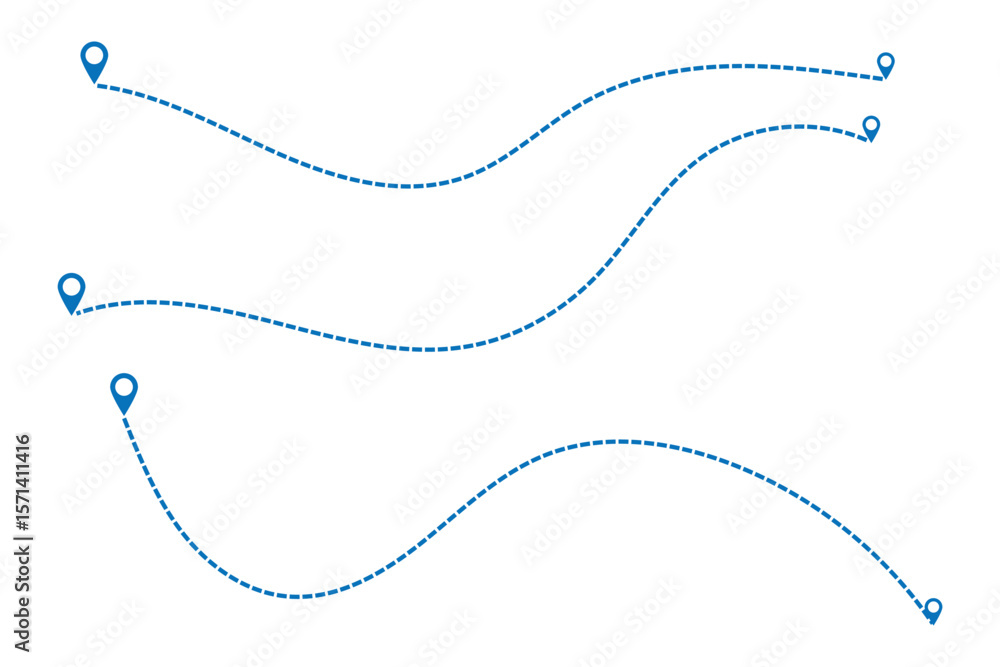 Poster dot line path route travel banner with location map pin icon. route location icon two pin sign and d