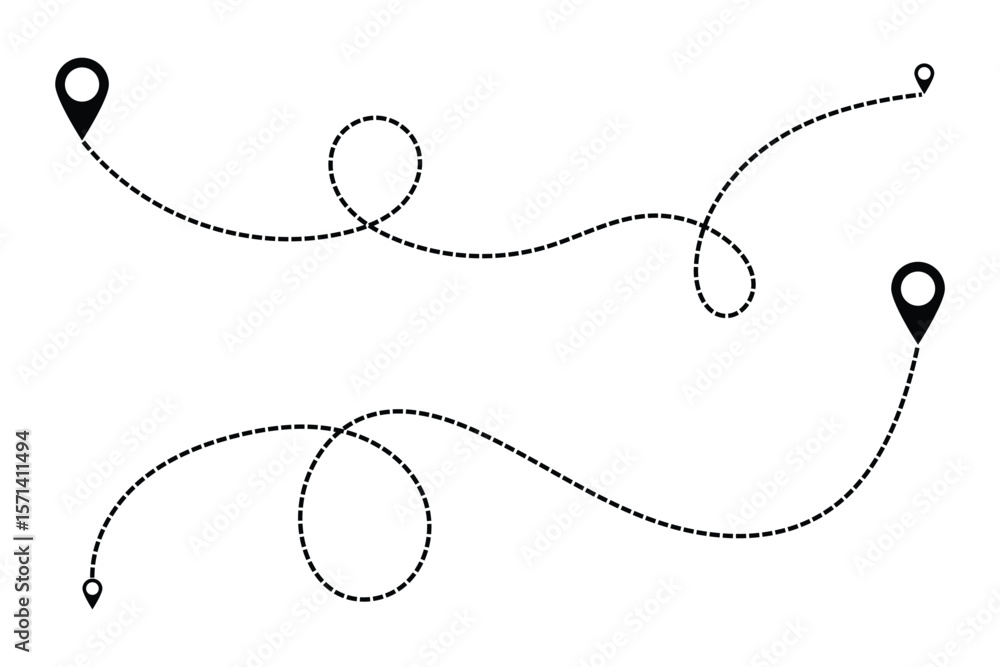 Poster route icon - two points with dotted path and location pin. route location icon two pin sign and dott