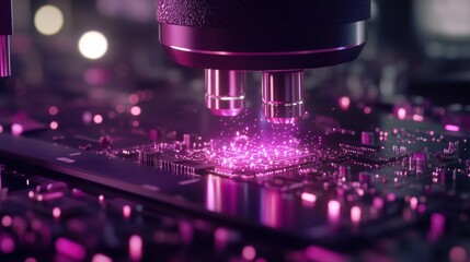 Close-Up of Circuit Board Under Microscope with Glowing Elements and Vibrant Pink Lights, Illustrating Advanced Technology and Innovation