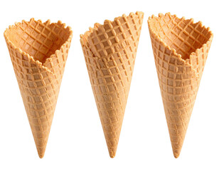 Three empty waffle ice cream cones with a textured, golden-brown surface arranged upright.