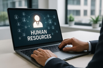 Person using laptop displaying human resources network people icons