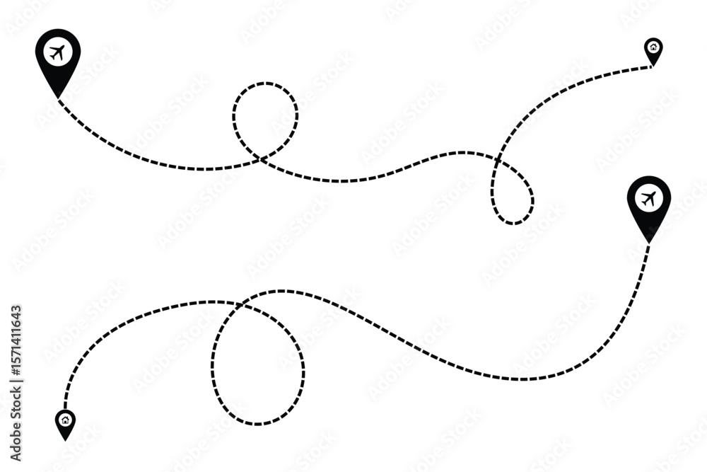 Poster route icon - two points with dotted path and location pin. route location icon two pin sign and dott