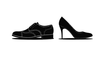 Naklejka premium A black and white image showing a man shoe and a woman high heel on a white background isolated