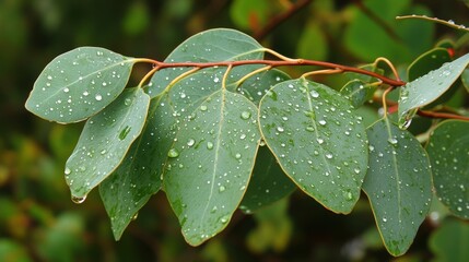 Fresh Green Leaves with Water Droplets on Branch Showcasing Nature's Beauty and Serenity in a Rainy Environment