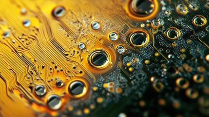 Close-up View of a Colorful Circuit Board with Droplets of Water and Intricate Patterns Showing Modern Technology and Innovation in Electronics