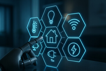 Robotic finger interacts with smart home technology icons robotic hand digital interface