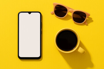 Smartphone coffee and sunglasses on yellow black
