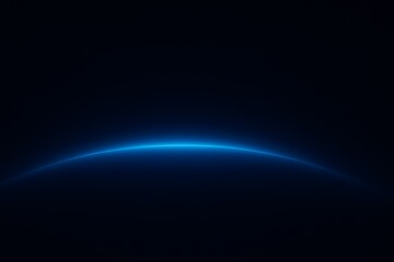 Blue glowing arc of light on dark background with curved horizon energy effect for abstract futuristic concept