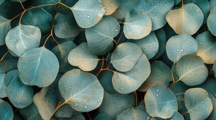Close-Up View of Dewy Eucalyptus Leaves with Unique Round Shape and Subtle Blue-Green Tones Enhancing Natural Beauty and Texture in a Serene Setting