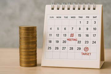 Stacked gold coins beside a calendar with marked dates metal currency