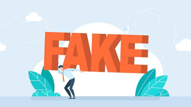 Disinformation. Fake presses on a man. A man bent under the pressure of fake news. Social propaganda, man dizziness, news opinion fake, pressure or influence media. 2d flat animation	