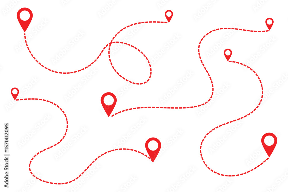 Poster dot line path route travel banner with location map pin icon. route location icon two pin sign and d
