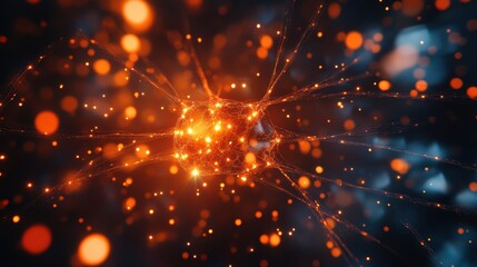 Abstract Representation of Neurons with Glowing Nodes and Light Particles in a Dark Background for Science and Technology Concepts