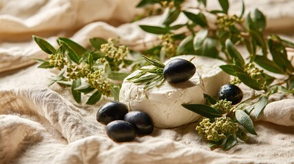 Flat lay of goat cheese, fresh herbs, and olives on cream cloth beside rustic garden foliage