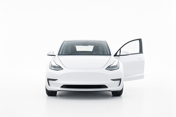 White electric sedan with open passenger door electric car vehicle