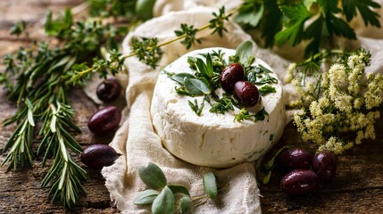 Flat lay of goat cheese, fresh herbs, and olives on cream cloth beside rustic garden foliage