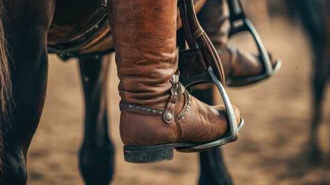 Close-up of Western Riding Boot in Stirrup with a Warm Natural Background Reflecting Equestrian Lifestyle and Tradition
