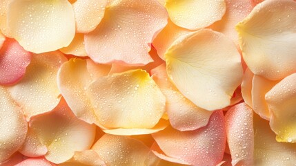 Delicate pastel rose petals with refreshing water droplets arranged beautifully for a romantic or serene background setting in nature or beauty themes