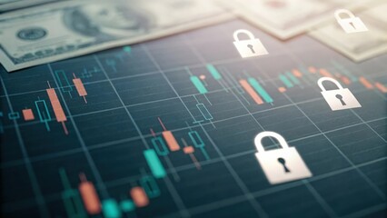 Soft focus image of financial chart with blurred currency and lock symbol overlay
