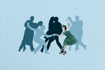 Trend artwork sketch design montage 3D collage of many people dance silhouette young lady hold...