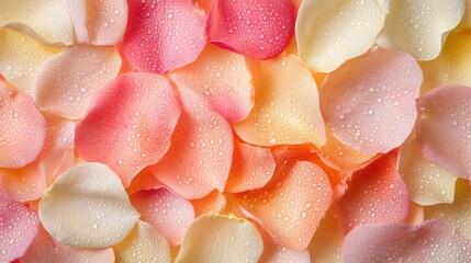 Beautiful Arrangement of Delicate Rose Petals with Water Drops in Soft Pastel Colors on a Light Background for Floral Inspiration and Decoration