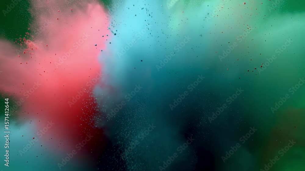 Poster multicolored powder bursting against a vibrant green screen backdrop, creating a dynamic and visuall