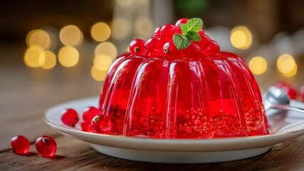 Appetizing red jelly with redcurrants and mint on a plate. Perfect for culinary blogs and dessert ads. Bright and refreshing dessert: berry jelly with redcurrants. Perfect for recipes and food content