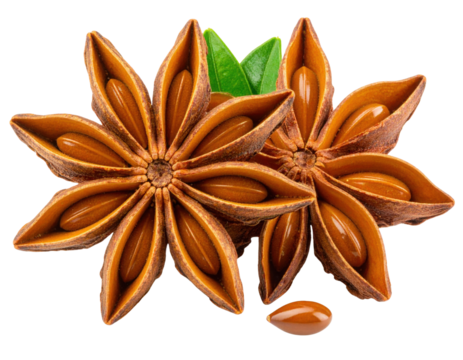 Star anise pods with glossy brown seeds and a small green leaf.