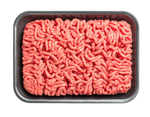 Raw ground beef neatly packed in a black tray, showing the red and pink texture of minced meat strands.