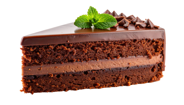 A rich, layered chocolate cake slice topped with chocolate icing, decorative chocolate swirls, and a fresh mint leaf.