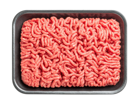 Raw ground beef neatly packed in a black tray, showing the red and pink texture of minced meat strands.