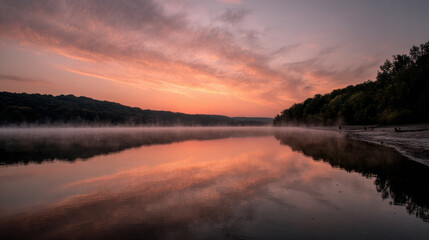 Obraz premium stunning summer sunrise illuminates serene lake casting warm glow over water