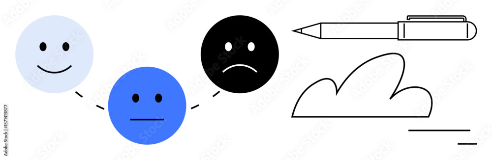 Poster abstract faces with varying emotions connected by dashed lines, accompanied by a pen and cloud symbo
