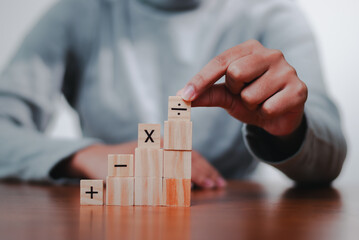 Analyzing business growth trends with wooden blocks office desk infographic professional close-up strategy
