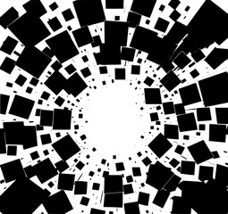 Abstract Square Vortex: A dynamic monochrome illustration featuring a swirling vortex of black squares on a white background, creating a sense of movement and energy.