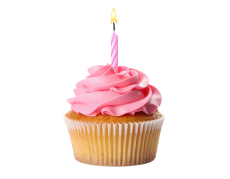 A vanilla cupcake topped with pink swirled frosting and a lit pink striped birthday candle.