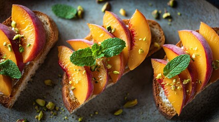 Flat lay of peach slices on toast with pistachios and mint leaves in clean rustic styling