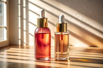 Two glass serum bottles stand in sunlight, showcasing a natural skincare treatment
