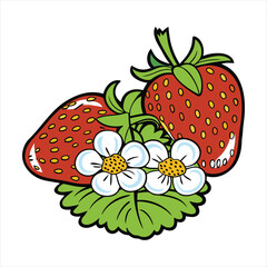 Two Ripe Strawberries with Flowers and Leaves