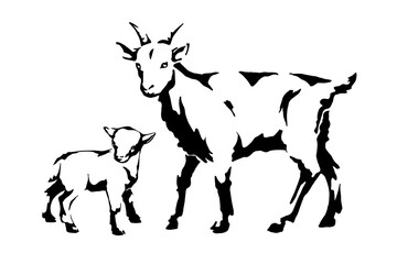 nanny goat and kid vector black and white light and shadow illustration