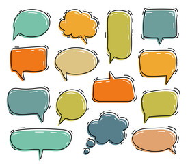 Speech and thought bubbles in various shapes and sizes outlined with a hand-drawn style