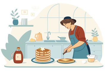 Lofi art of a person cooking pancakes in a minimalistic kitchen, cozy vibes, vector illustration.