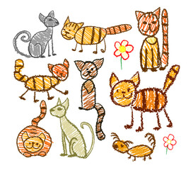 Cats drawn with pencils by children. hand drawn. Not AI, Vector illustration.