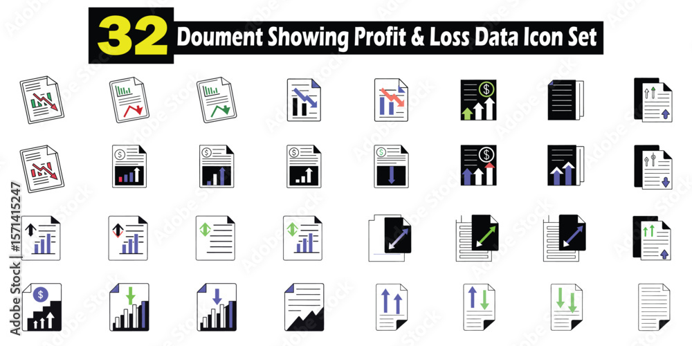 Poster a complete collection of thirty two stylish finance documents representing profit and loss icons set