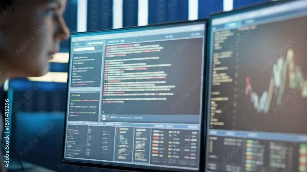 Poster female data scientist works with data code at a modern tech company