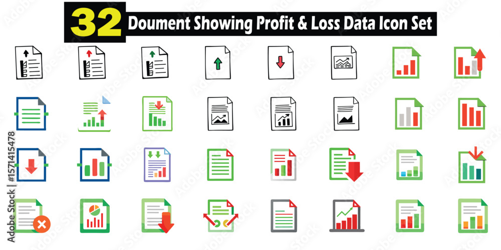 Poster a comprehensive collection of thirty-two distinct financial and business data document icons present
