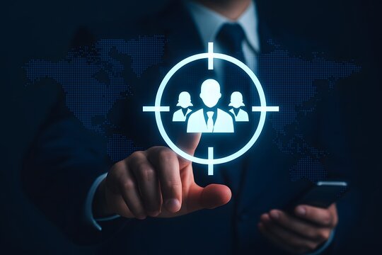 Businessman targeting audience with digital glowing user icons inside crosshair interface against dark world map background