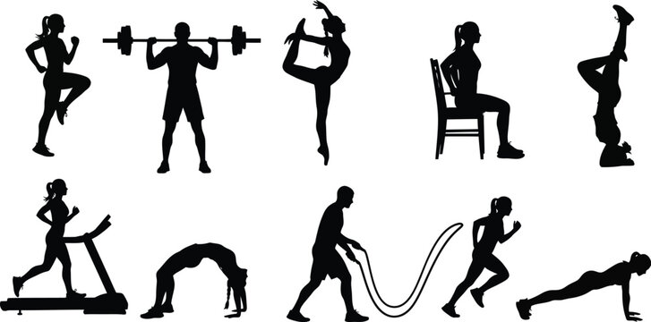 Fitness workout exercise silhouette vector gym training sport activity fit