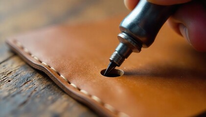 Precision Leather Punching Close-up of Handcrafted Hole Creation in Supple Tan Leather